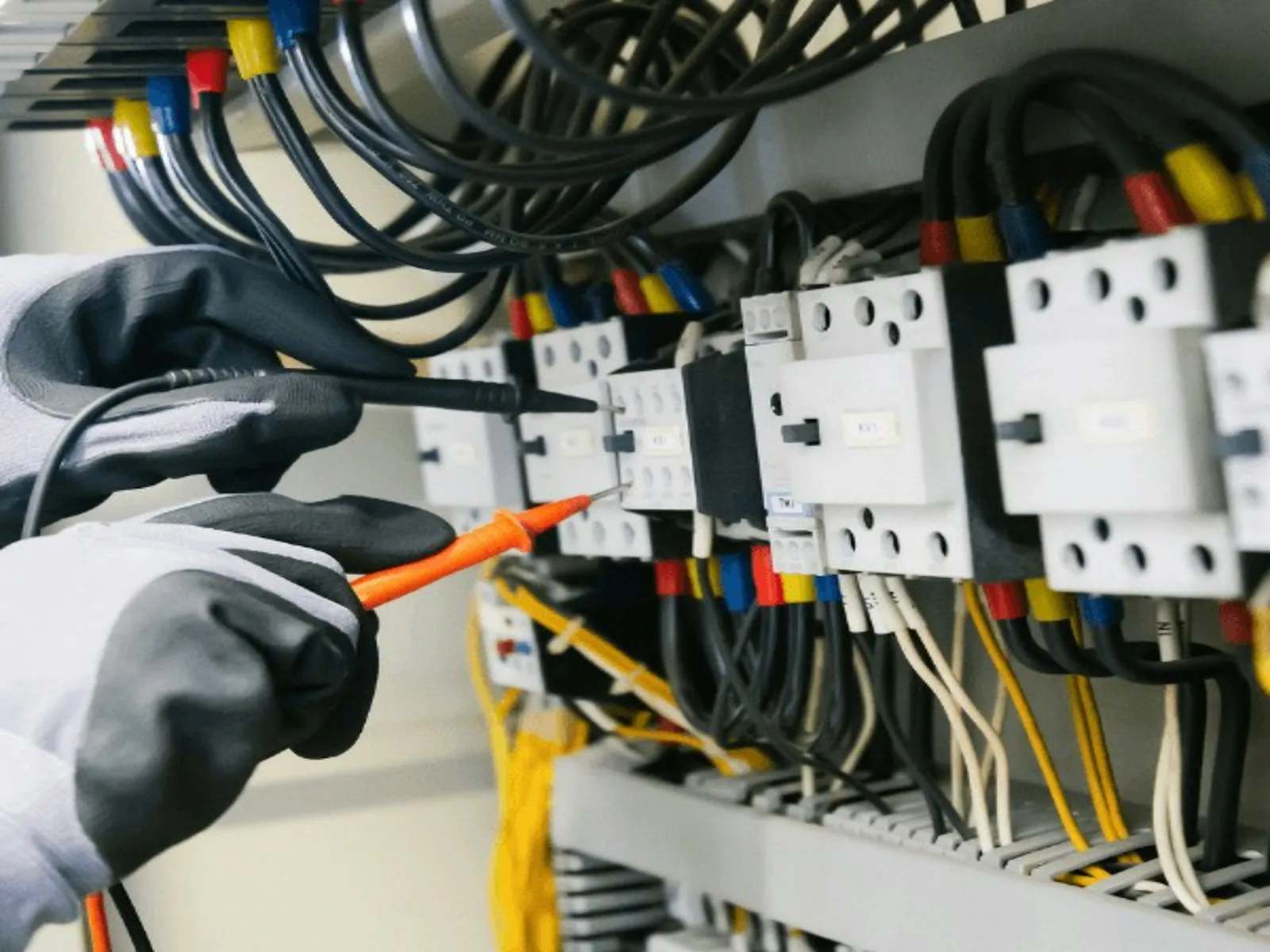 Licensed electrician testing a switchboard with a multimeter